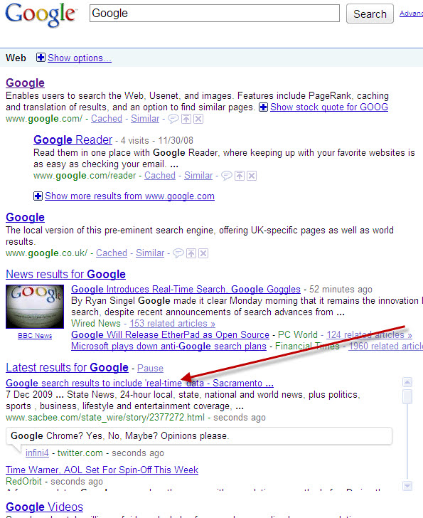 구글, 웹서치에 실시간 검색 결과 도입?